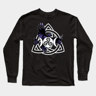 Purple Raven Morrigan Symbol with Moon and Triquetra Long Sleeve T-Shirt